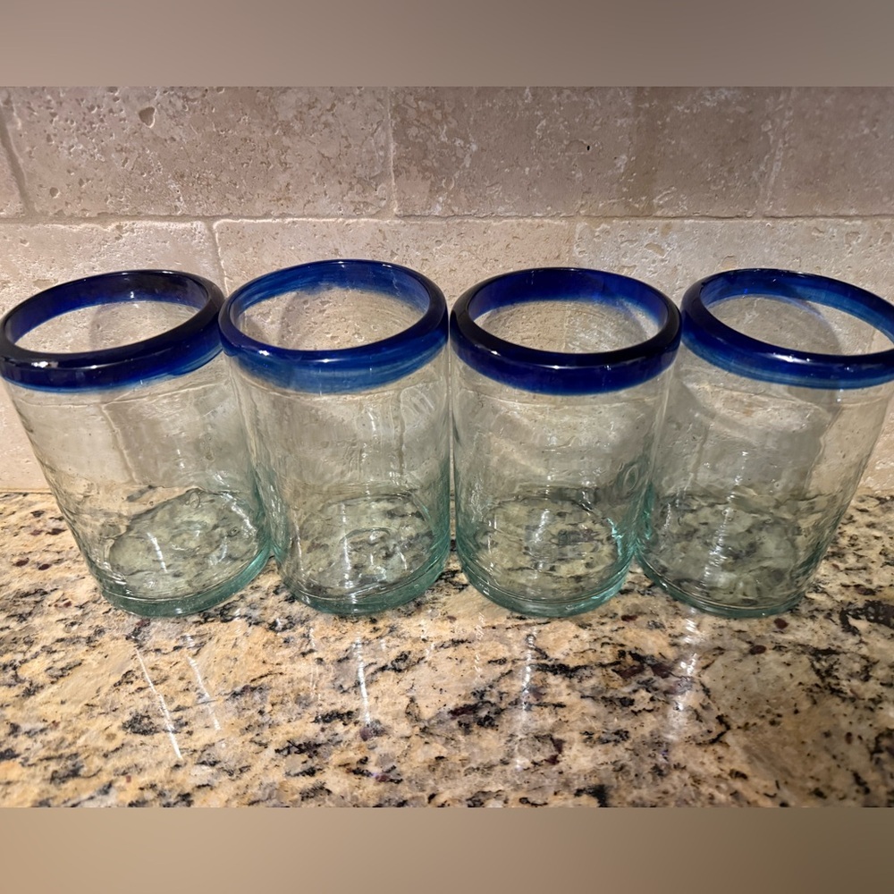 Tumblers - Hand Blown in Mexico Set of 4 - 14 oz Cobalt Blue Rim. Vintage